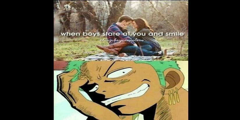 Meme image featuring Zoro from One Piece smiling menacingly at the camera