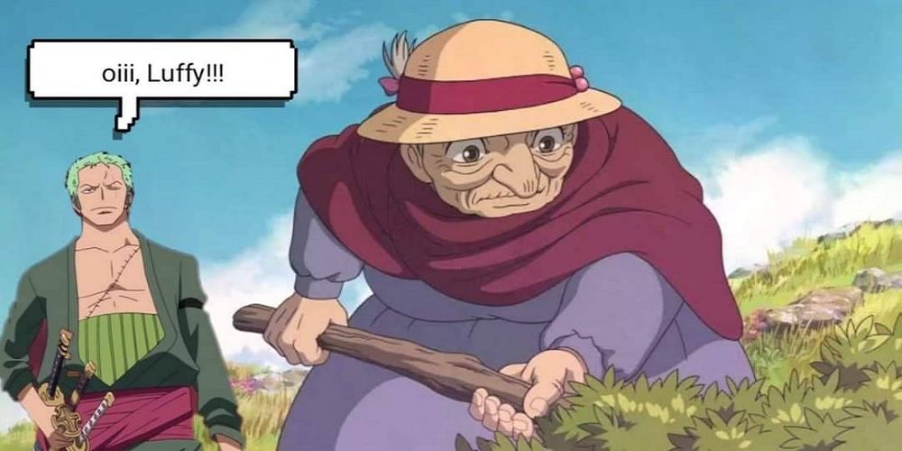 Meme image featuring Zoro from One PIece encountering Sophie from Howl's Moving Castle