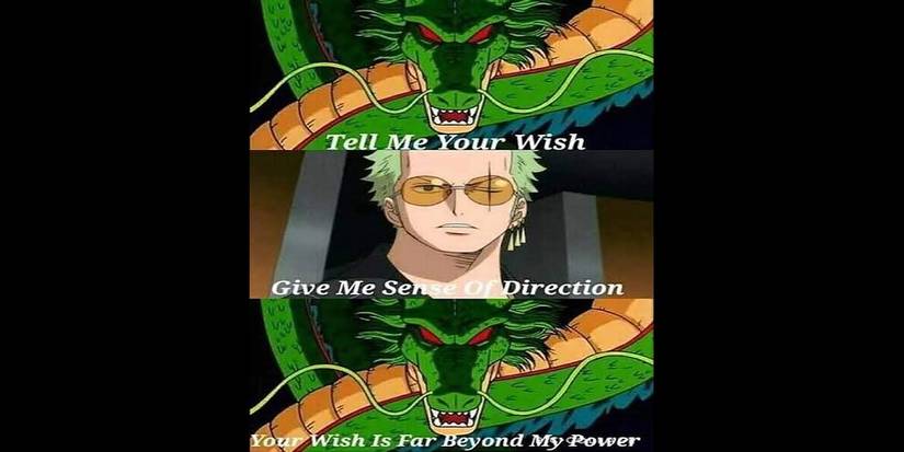 Meme image featuring Zoro from One Piece meeting Shenron from Dragon Ball Z