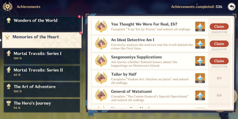 all achievements in shikanoin heizou’s hangout event 1