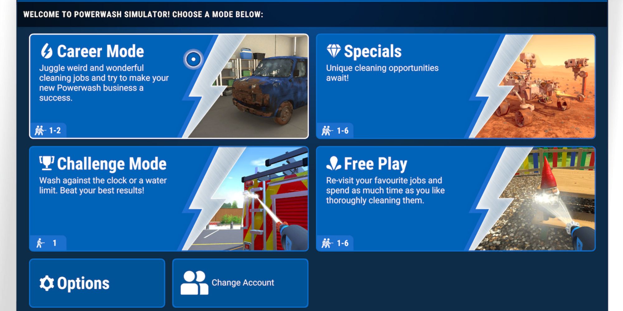 all of the various game modes and menu options in powerwash simulator