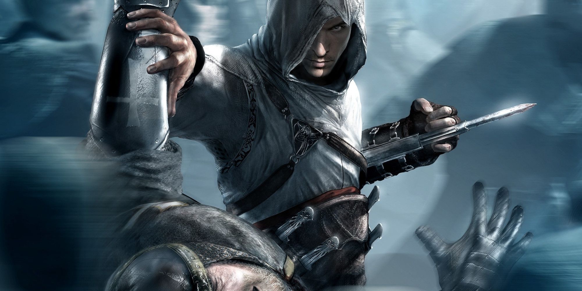 Altair assassinating an enemy with a hidden blade