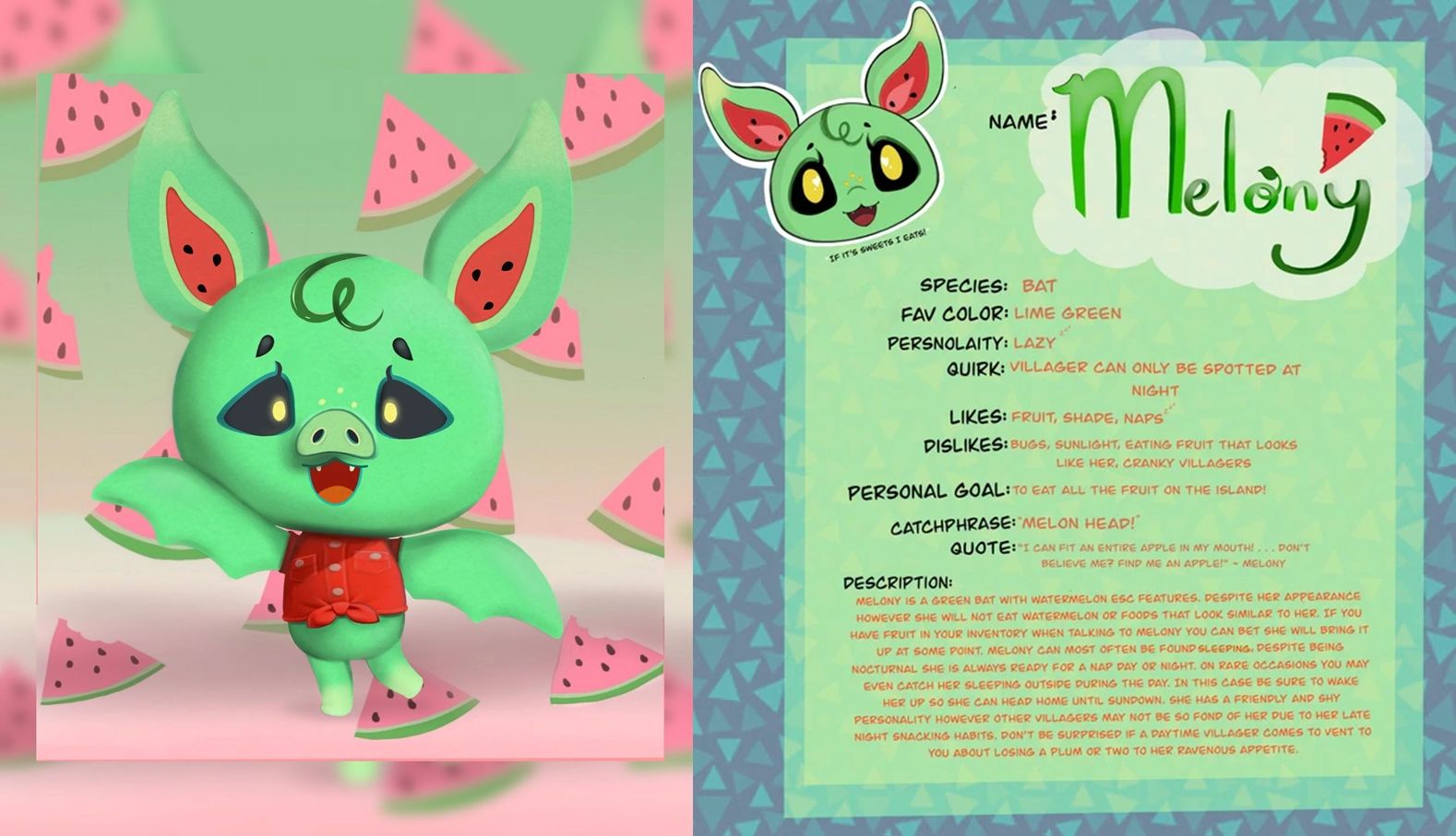 animal crossing new horizons watermelon bat villager concept