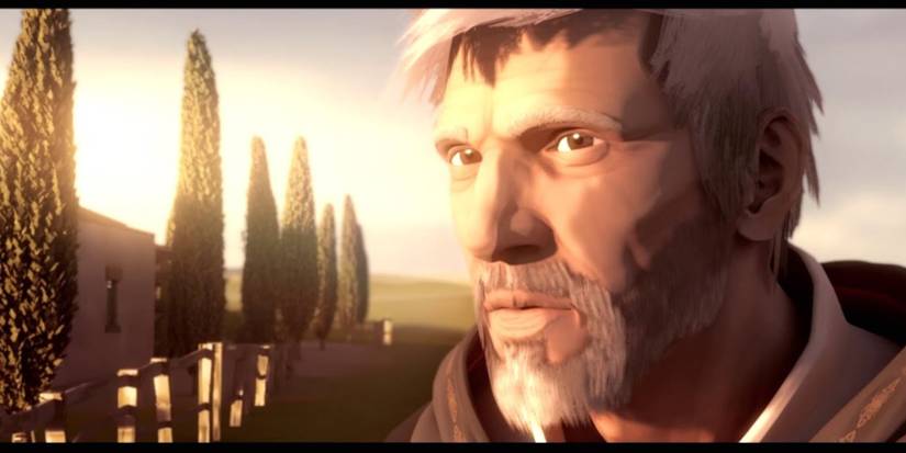 Ezio stands in a field in Tuscany in AC Embers
