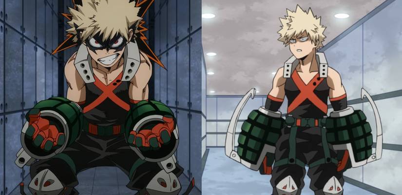 two pictures of bakugo in his original hero suit