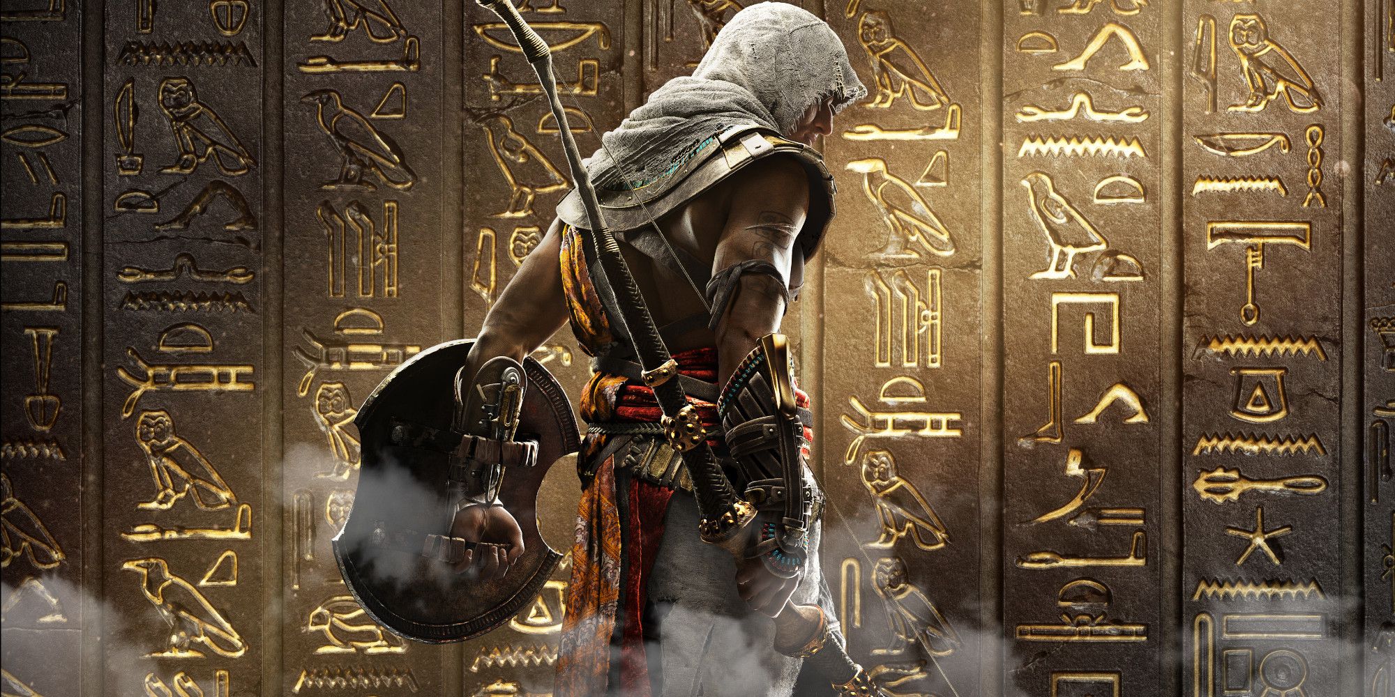 Bayek of Siwa standing with his bow and shield