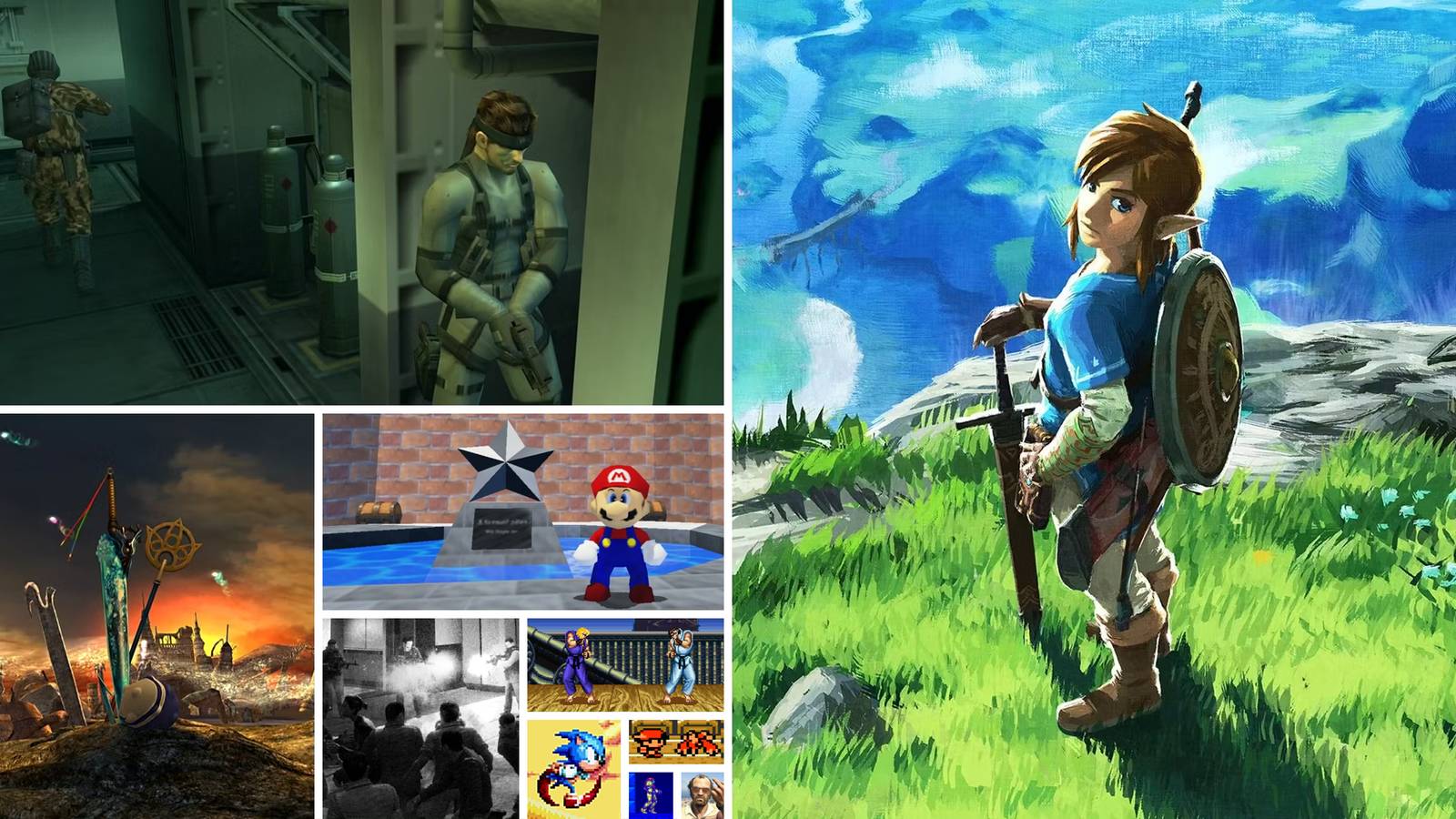 Metal Gear Solid 2, Final Fantasy 10, Super Mario 64, Call of Duty Modern Warfare 2, Street Fighter 2 Turbo, Sonic Mania, Pokemon Gold, Super Metroid, Grand Theft Auto 5, and The Legend of Zelda: Breath of the Wild