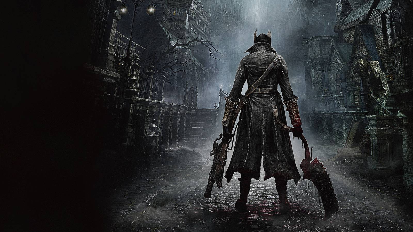 The Hunter facing down a dark corridor in Bloodborne