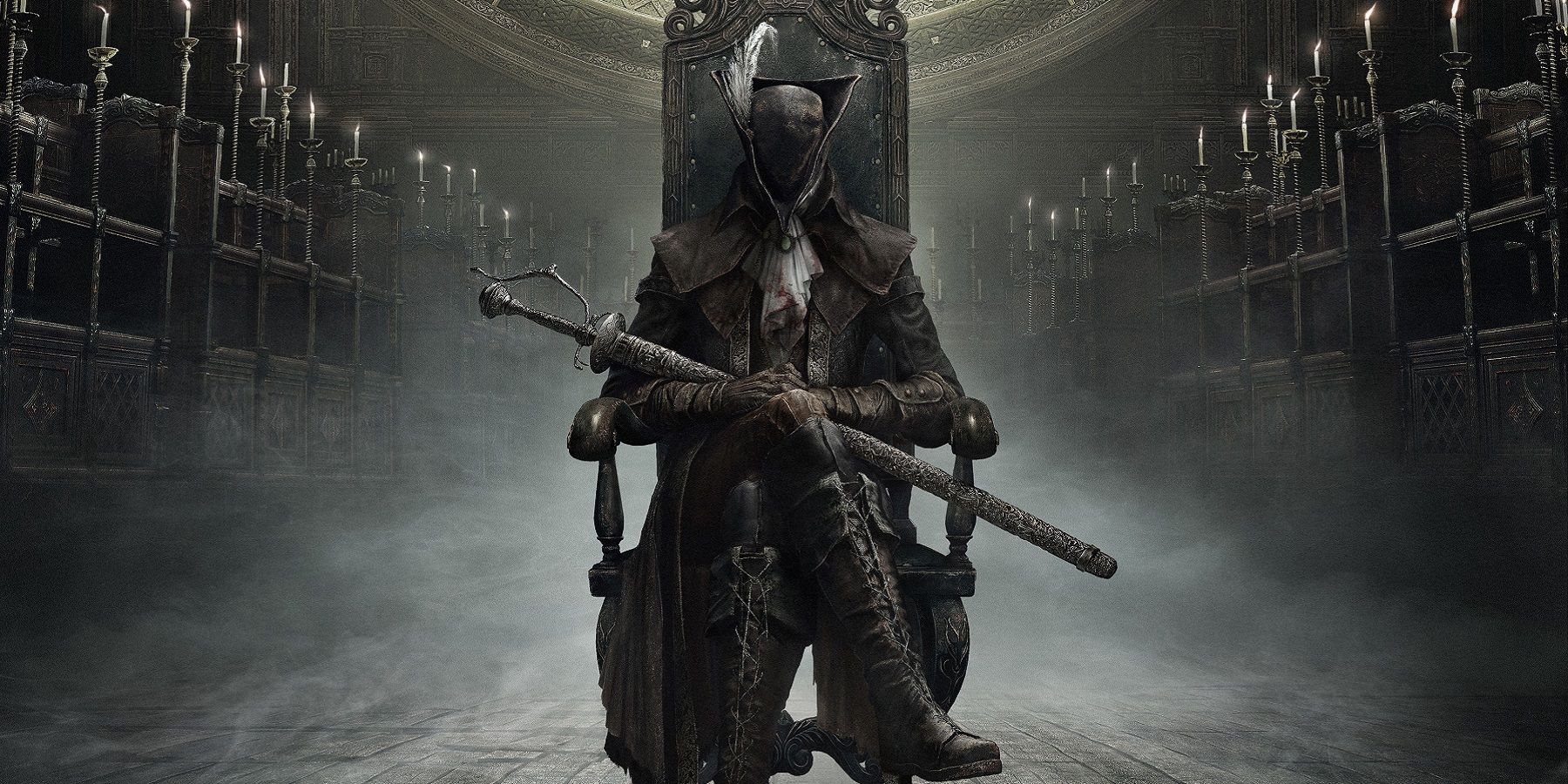 Image from Bloodborne showing The Hunter sat on a throne.
