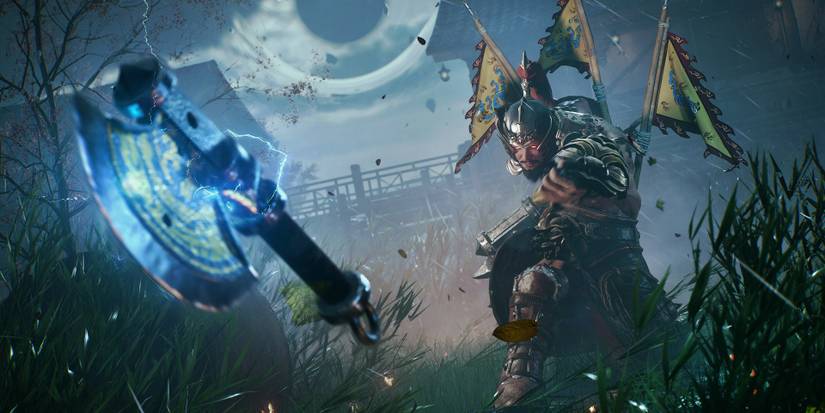 bright memory boss throwing axe towards camera 