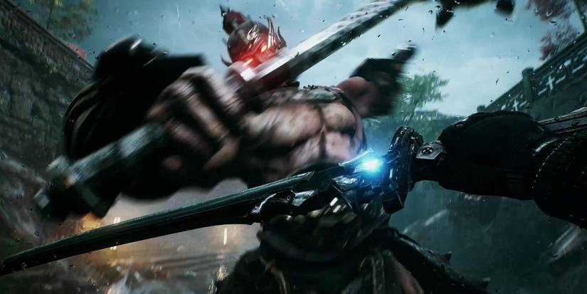 bright memory players blocking a anicent enemy's attack 