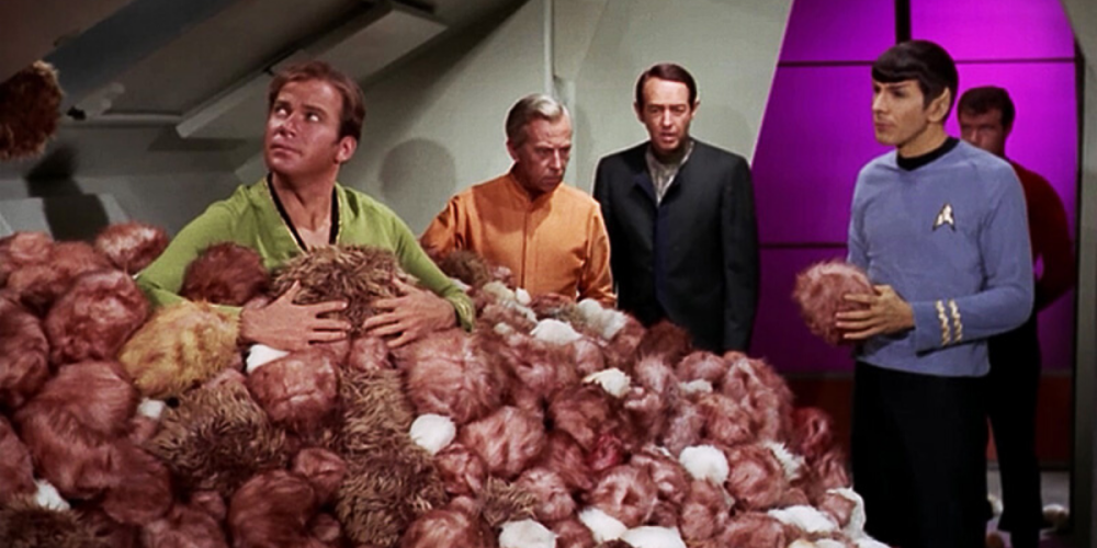 captain kirk covered in tribbles screenshot from Trouble With Tribbles