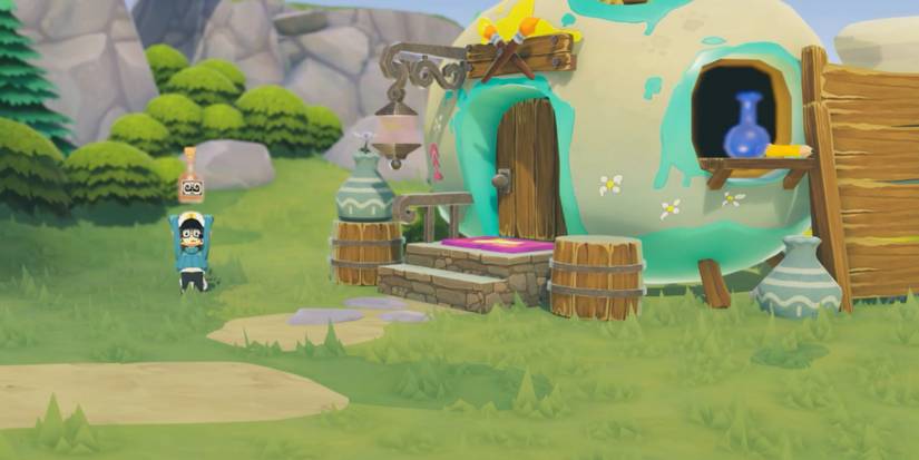 character holding a bottle near frog hut in time on frog island