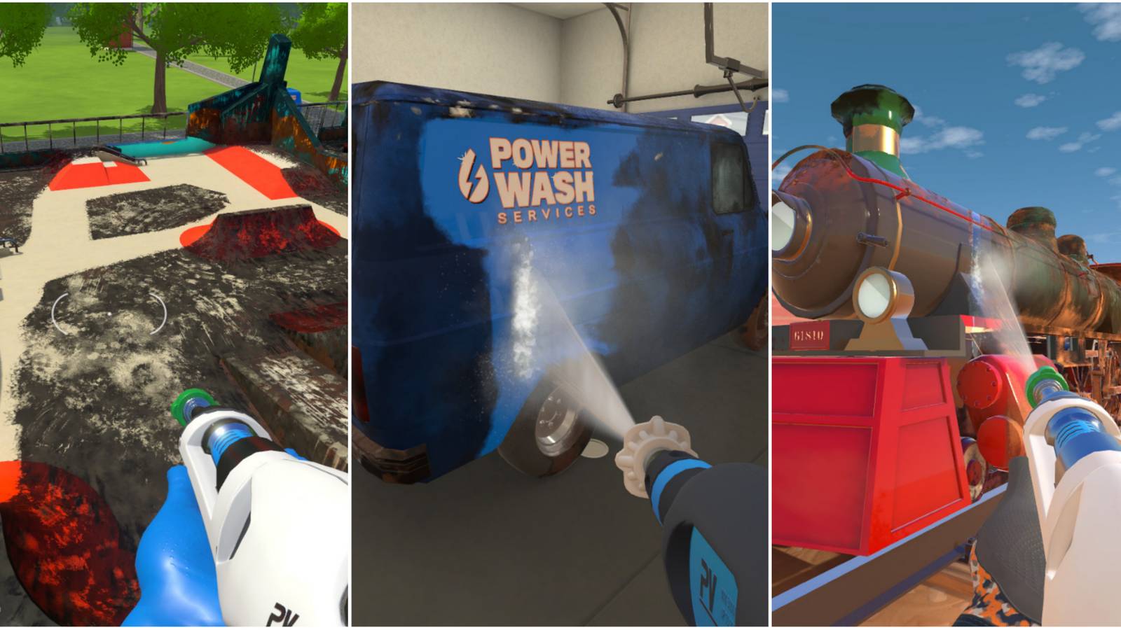 cleaning a park area, cleaning a van in a garage, cleaning a train in powerwash simulator featured