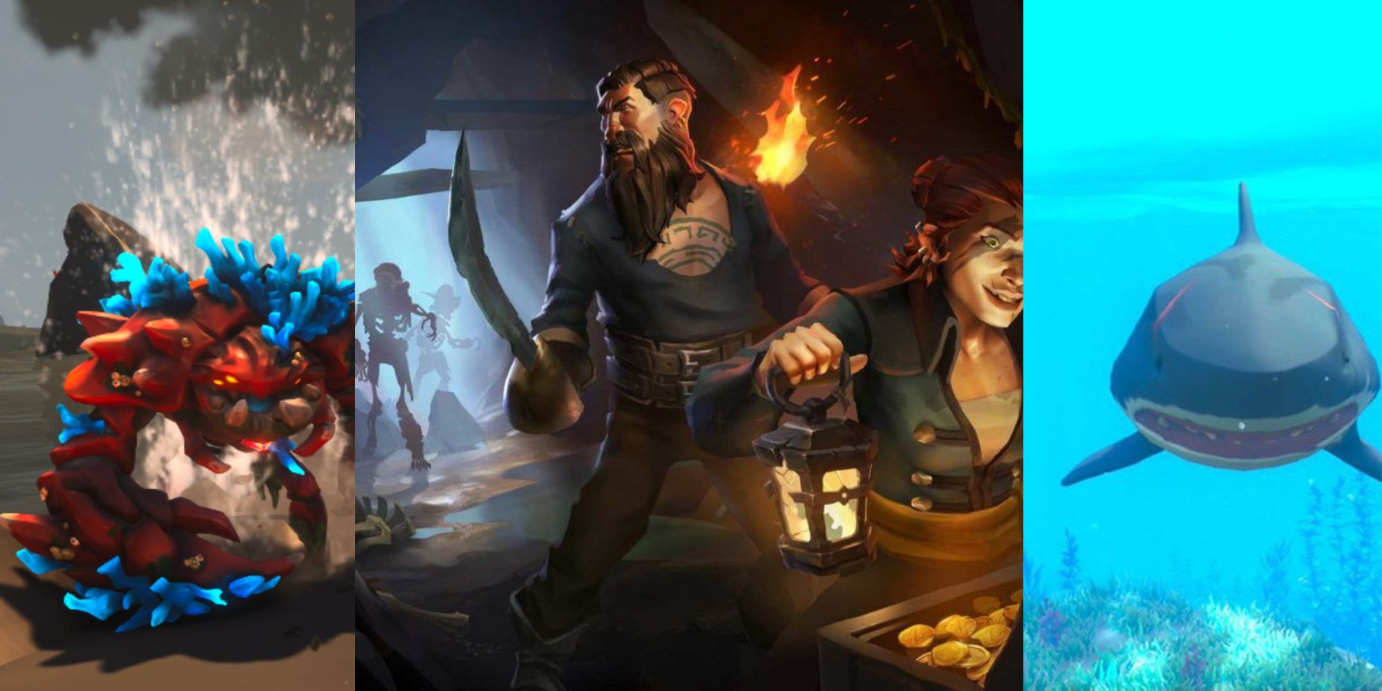 Crab Ocean Crawler, Two Pirates Hunting For Treasure With Skeletons Approaching, And A Shark In Sea Of Thieves