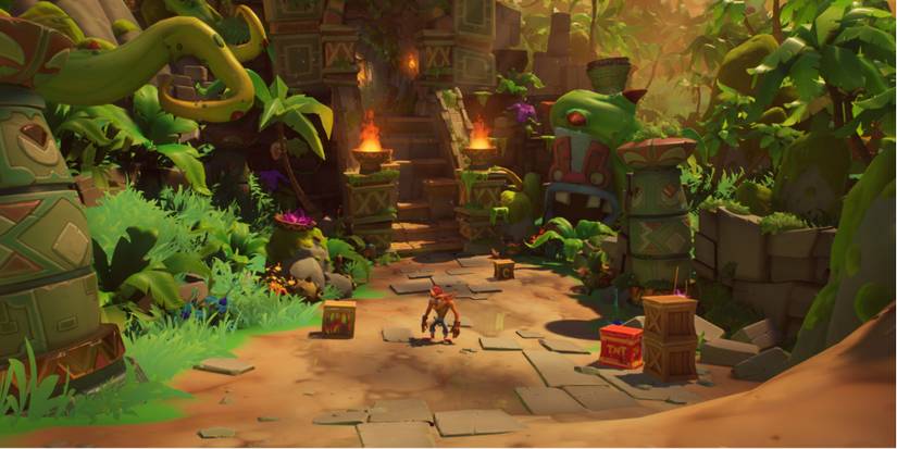 Crash Bandicoot stands in a forest with boxes near him and a temple behind