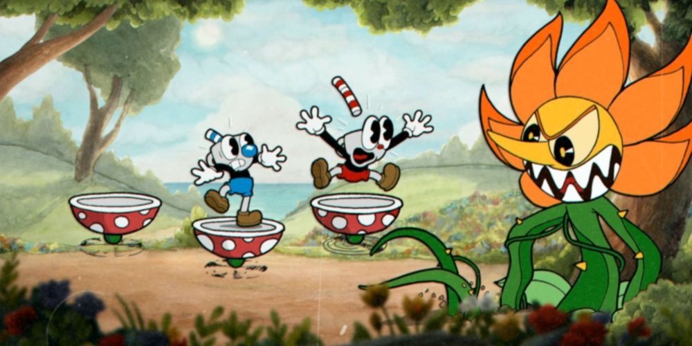 cuphead and mugman in a boss fight