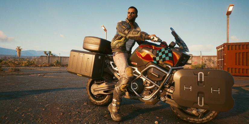 cyberpunk 2077 character looking onward sitting on his bike