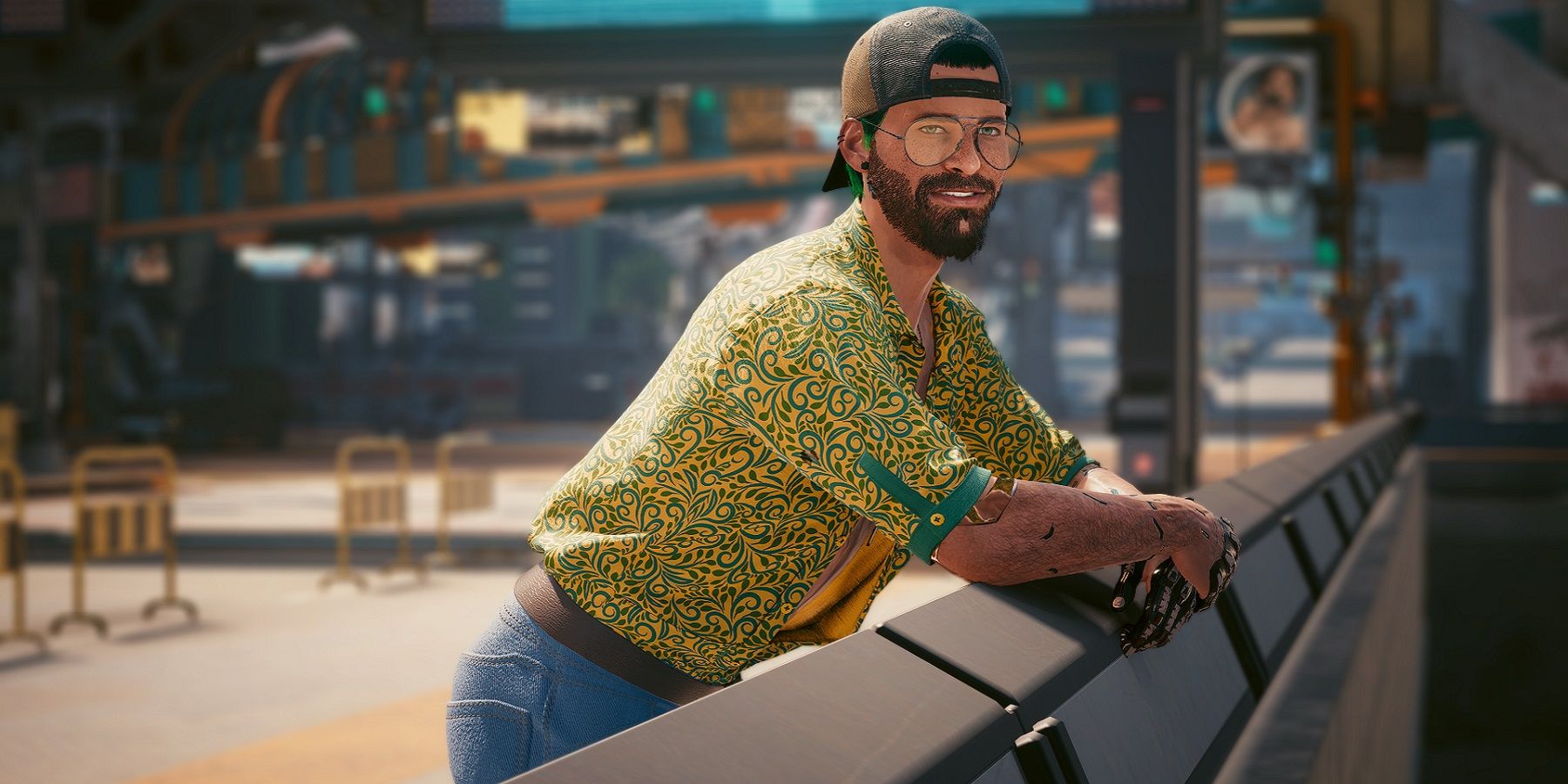 Image from Cyberpunk 2077 showing a character leanin on a railing while wearing a bright shirt.