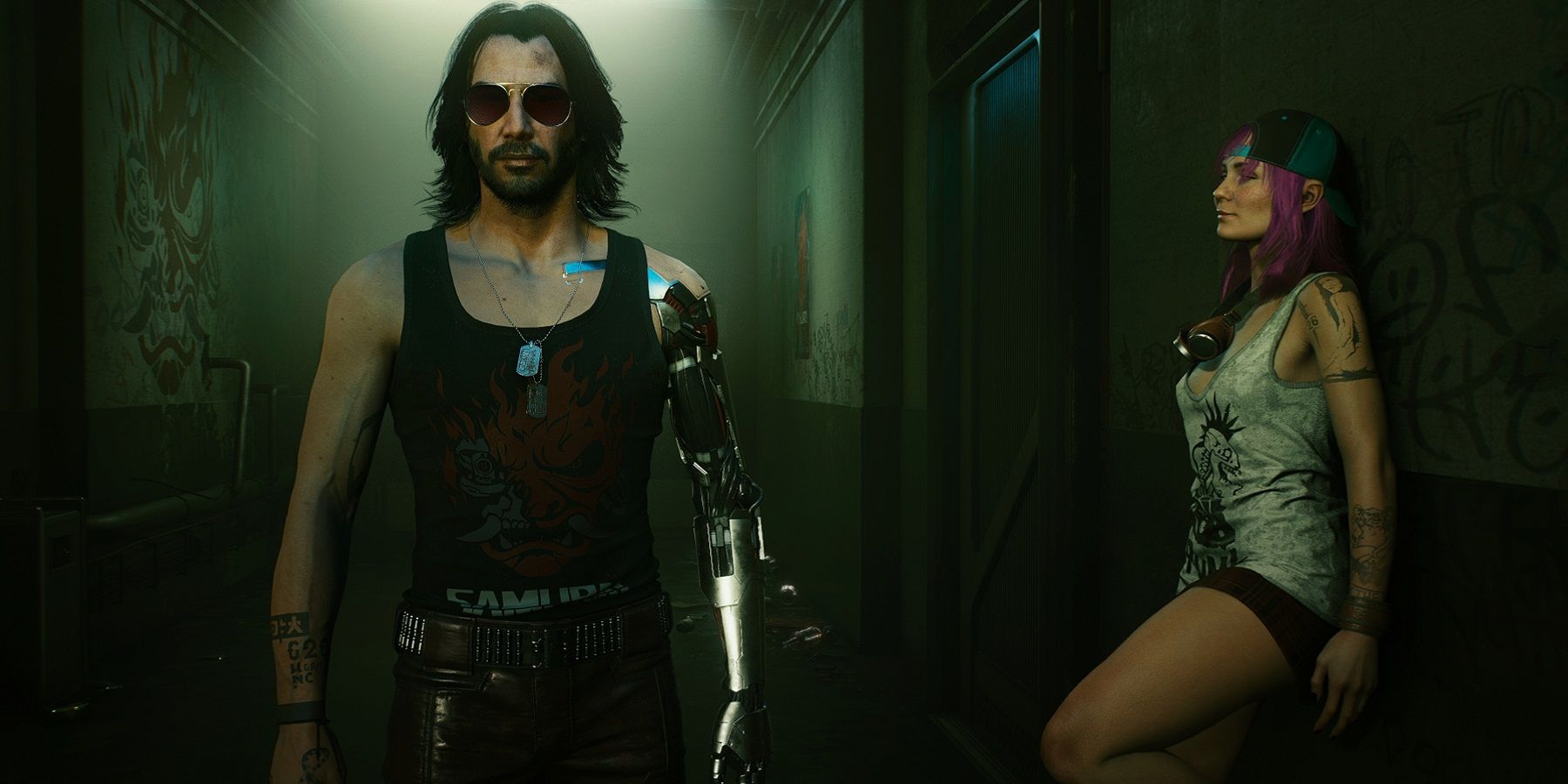 Image from Cyberpunk 2077 showing Johnny Silverhand walking through a hallway with a woman leaning against a wall.