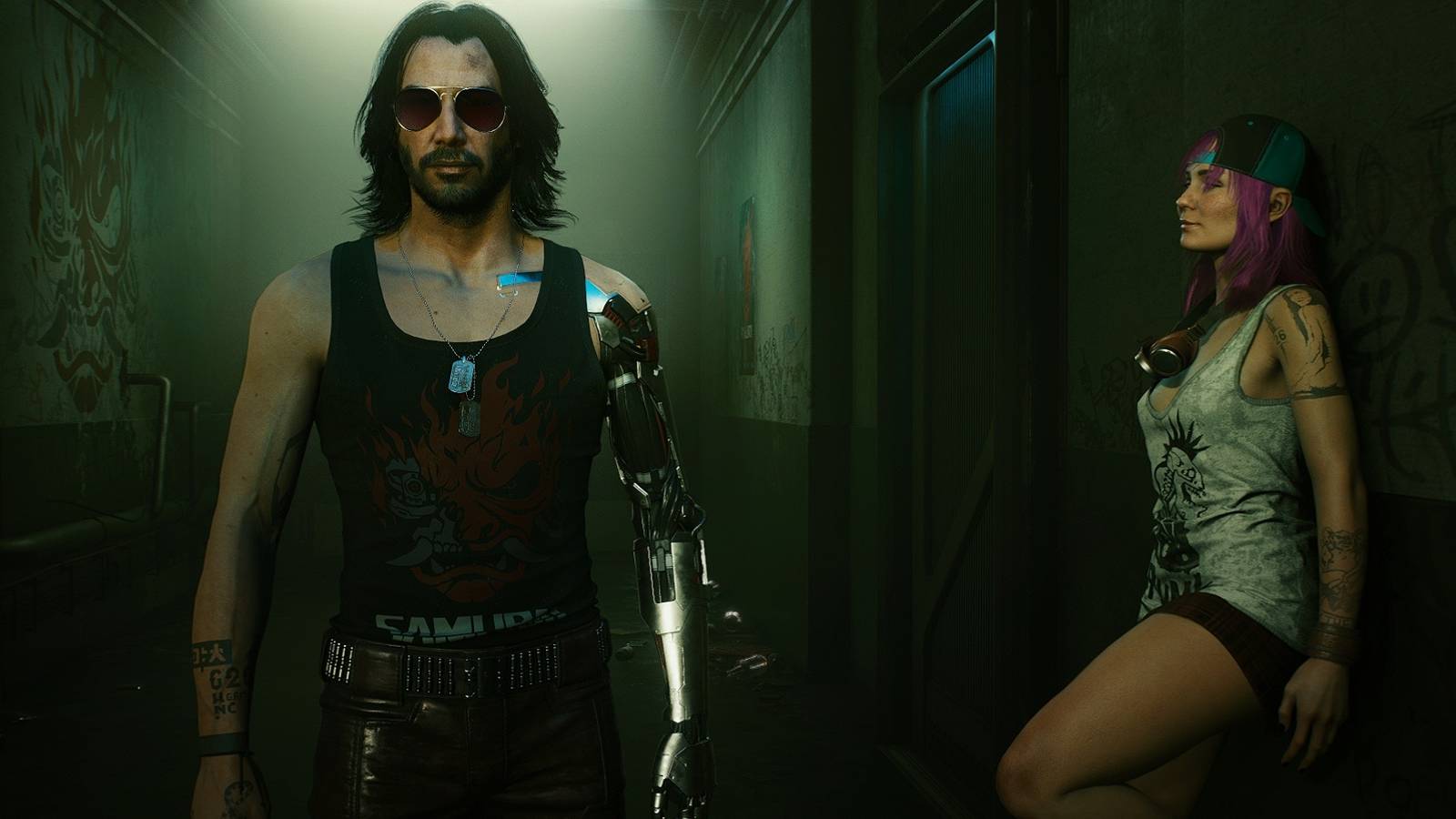 Image from Cyberpunk 2077 showing Johnny Silverhand walking through a hallway with a woman leaning against a wall.