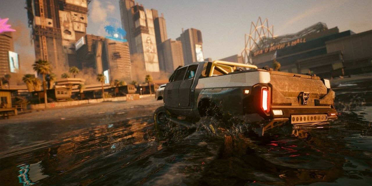 cyberpunk 2077 player driving car in water 