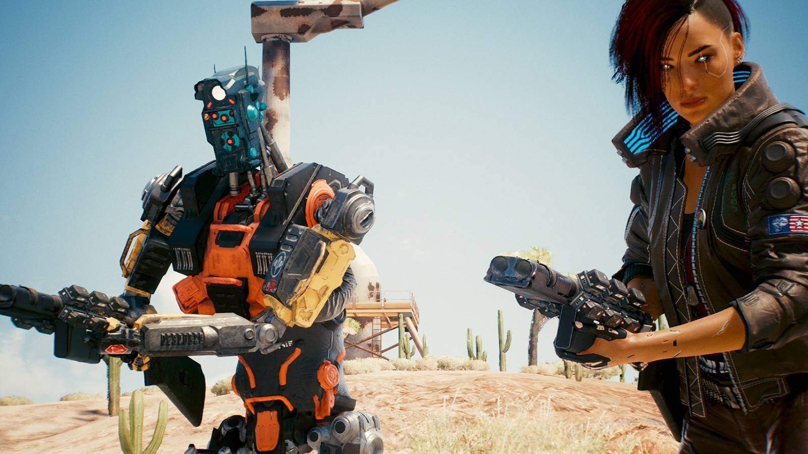 Image from Cyberpunk 2077 showing V next to a robot companion.