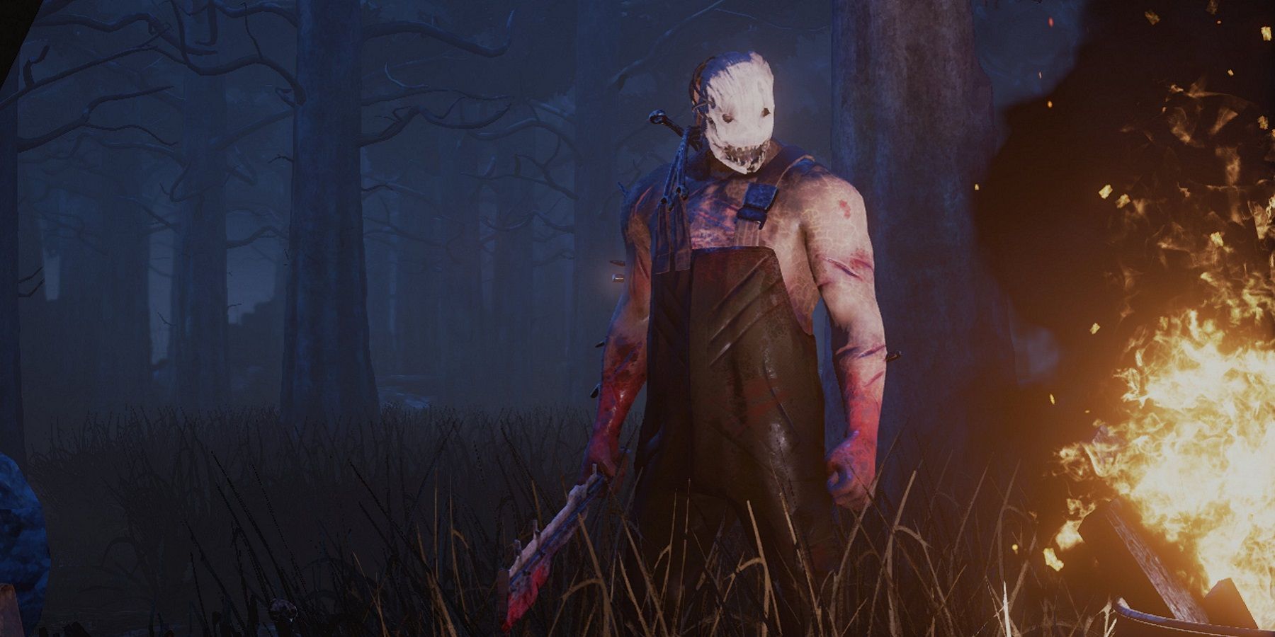 Image from Dead by Daylight showing the Trapper stood next to a bonfire.