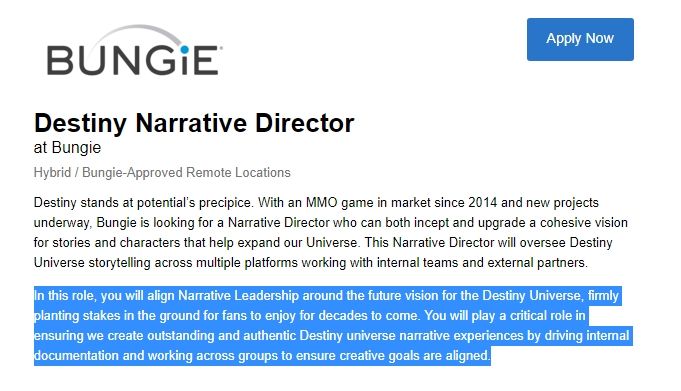 destiny narrative director job listing