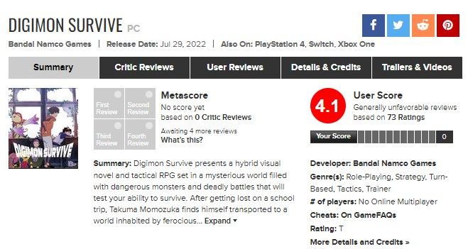 digimon survive pc metacritic