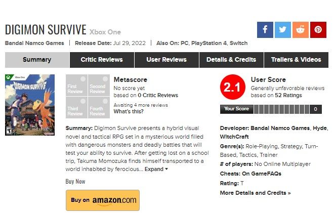 digimon survive xbox one metacritic