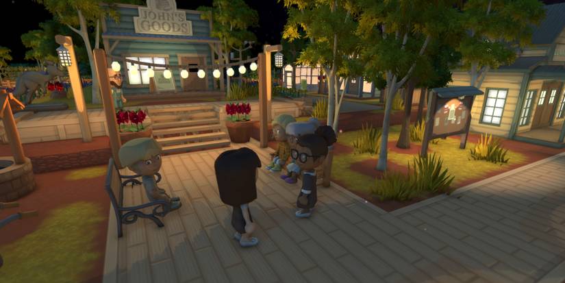 Night time in a Dinkum town with residents conversing outside