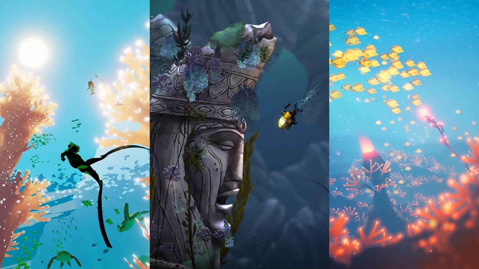 diver in abzu, ruins in Song Of The Deep, korals in Koral