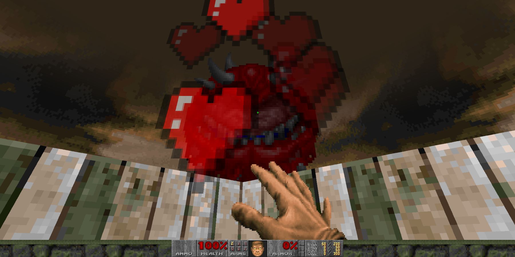 Image from Doom showing a hand reaching up to pet a Cacodemon.