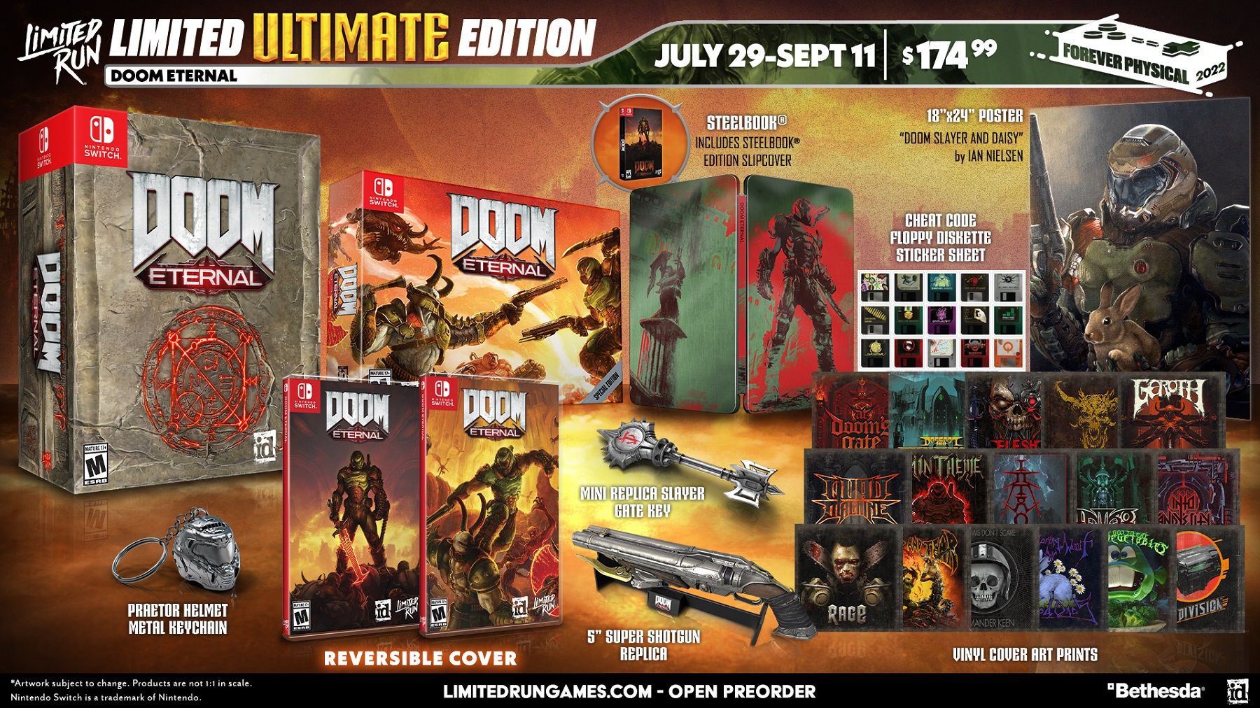Изображение, показывающее все бонусные материалы, поставляемые с Doom Eternal Ultimate Edition для Switch.
