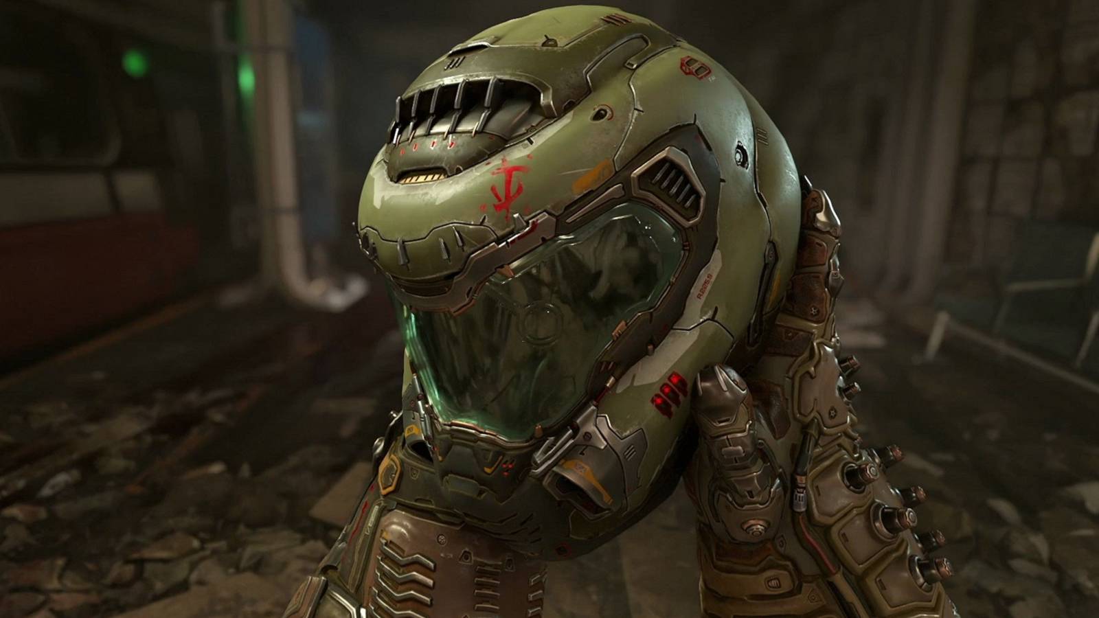 Screenshot from Doom Eternal showing the Doomslayer's helmet.
