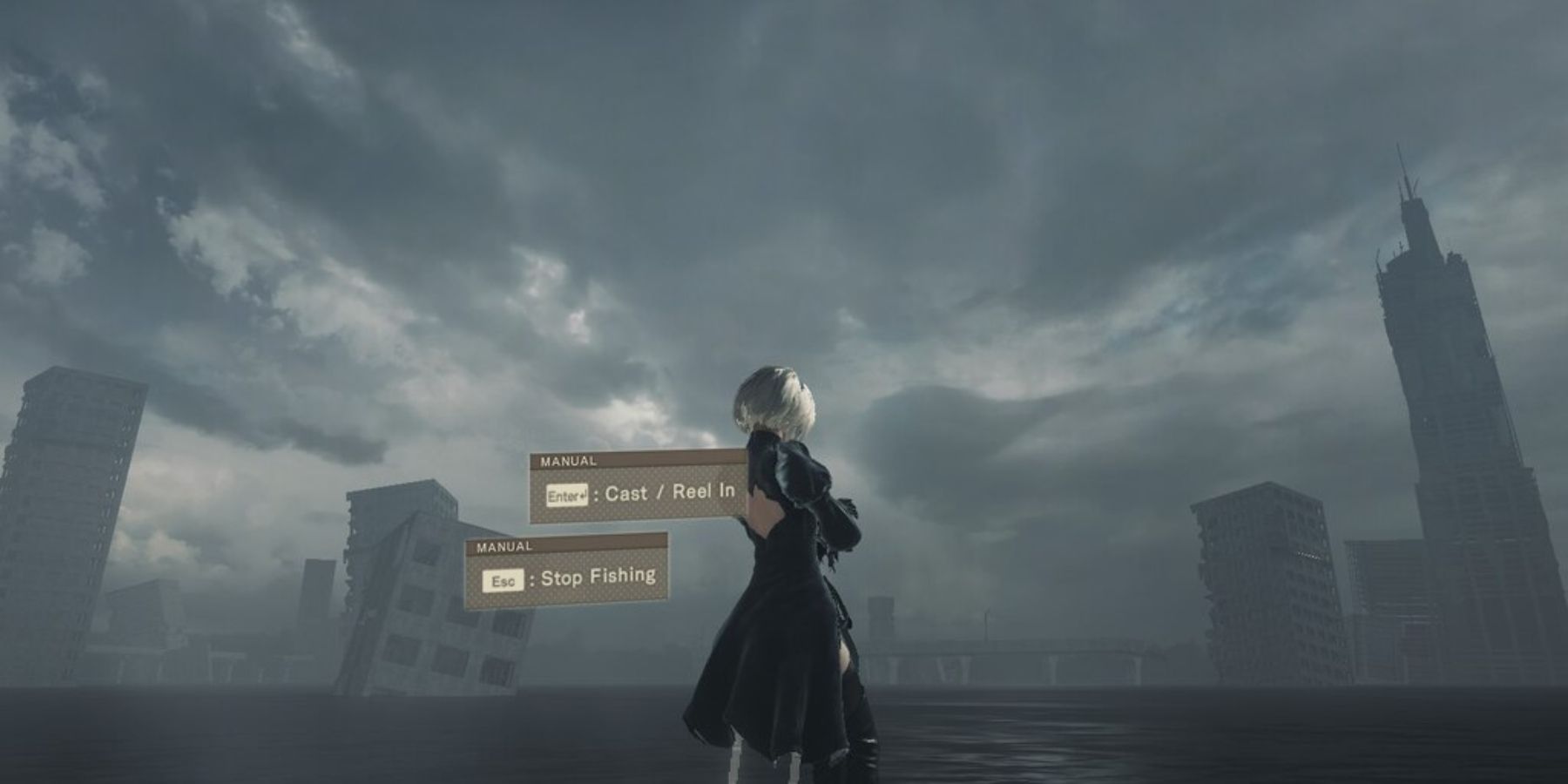 Fishing in the Flooded City in NieR Automata