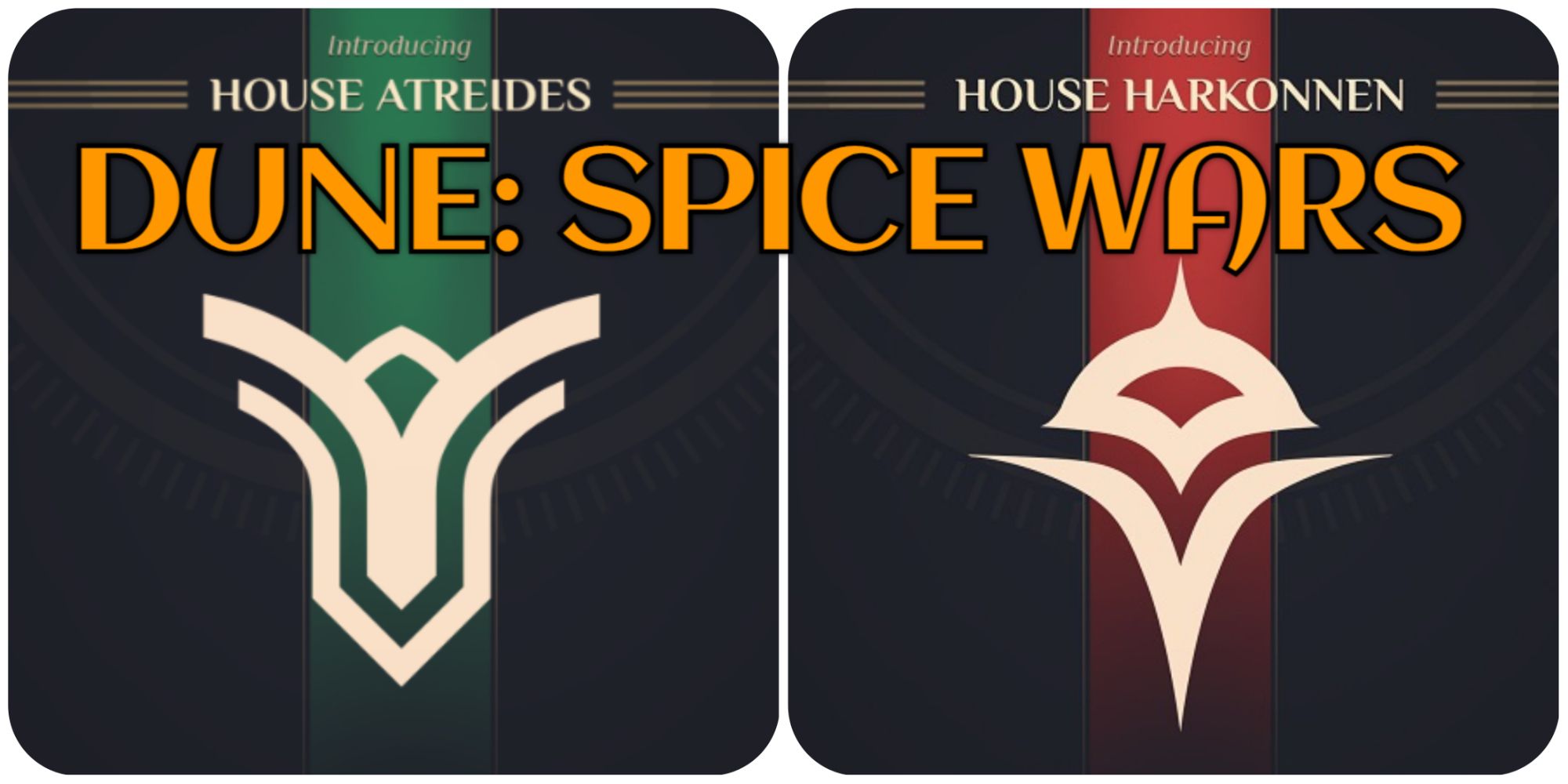 Banner for Dune Spice Wars showing House Atreides and House Harkonnen
