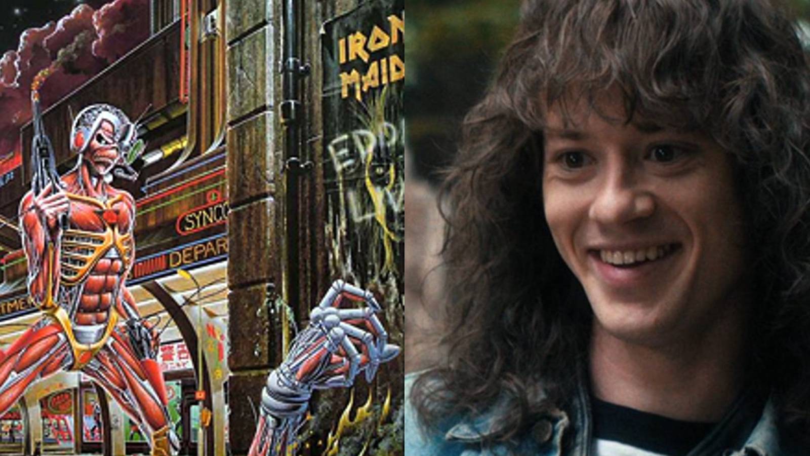 Iron Maiden's Somewhere in Time album and Eddie Munson in Stranger Things split image