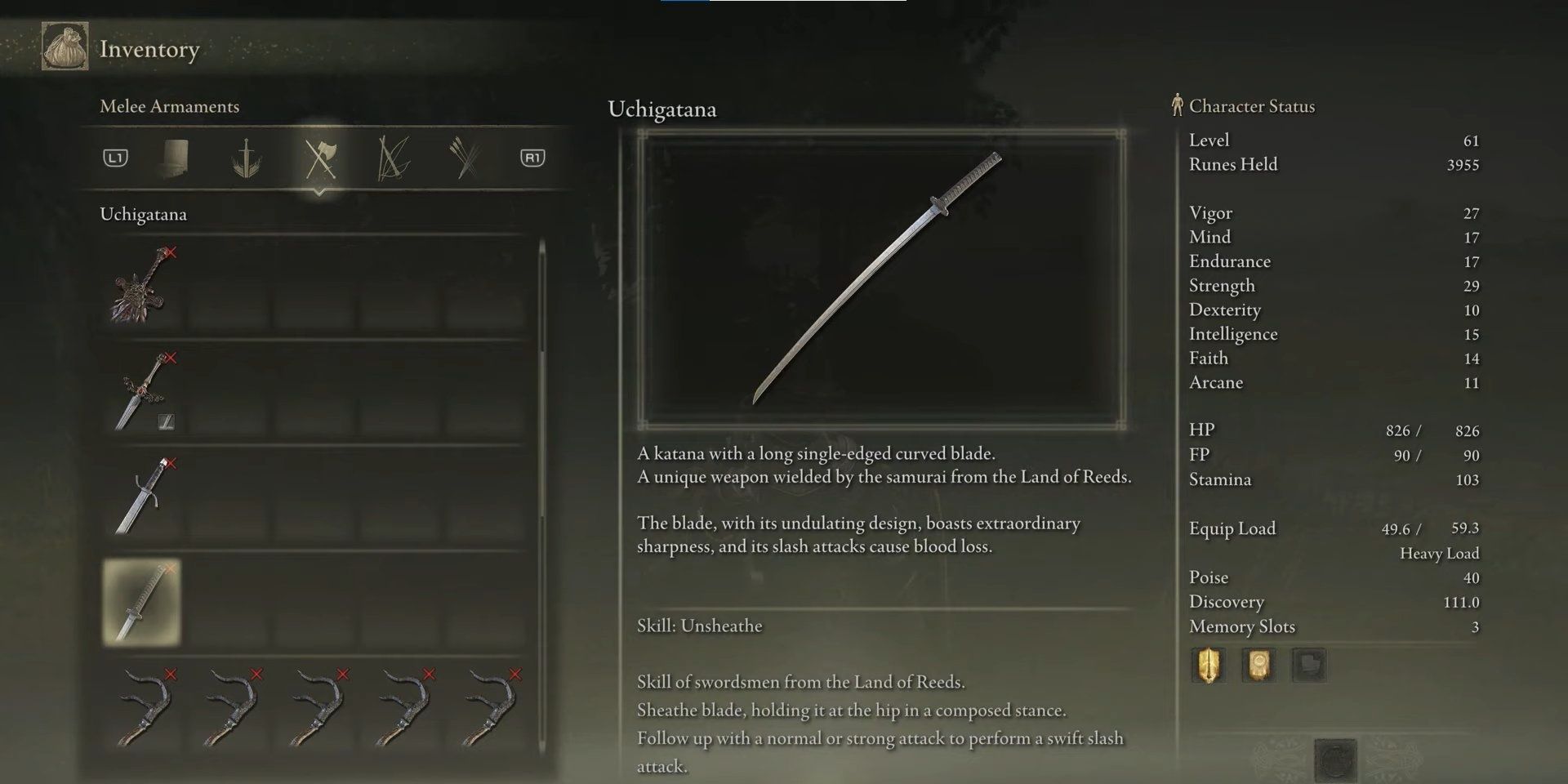 Inventory menu in Elden Ring showing the description and stats of the Uchigatana