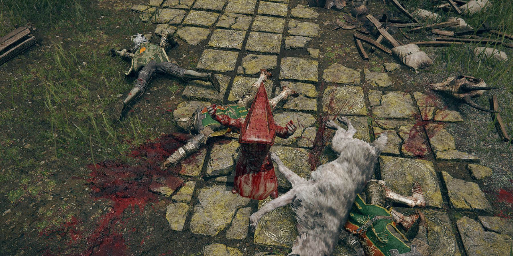 Image from Elden Ring showing Pyramid Head posing as corpses lie by his feet.