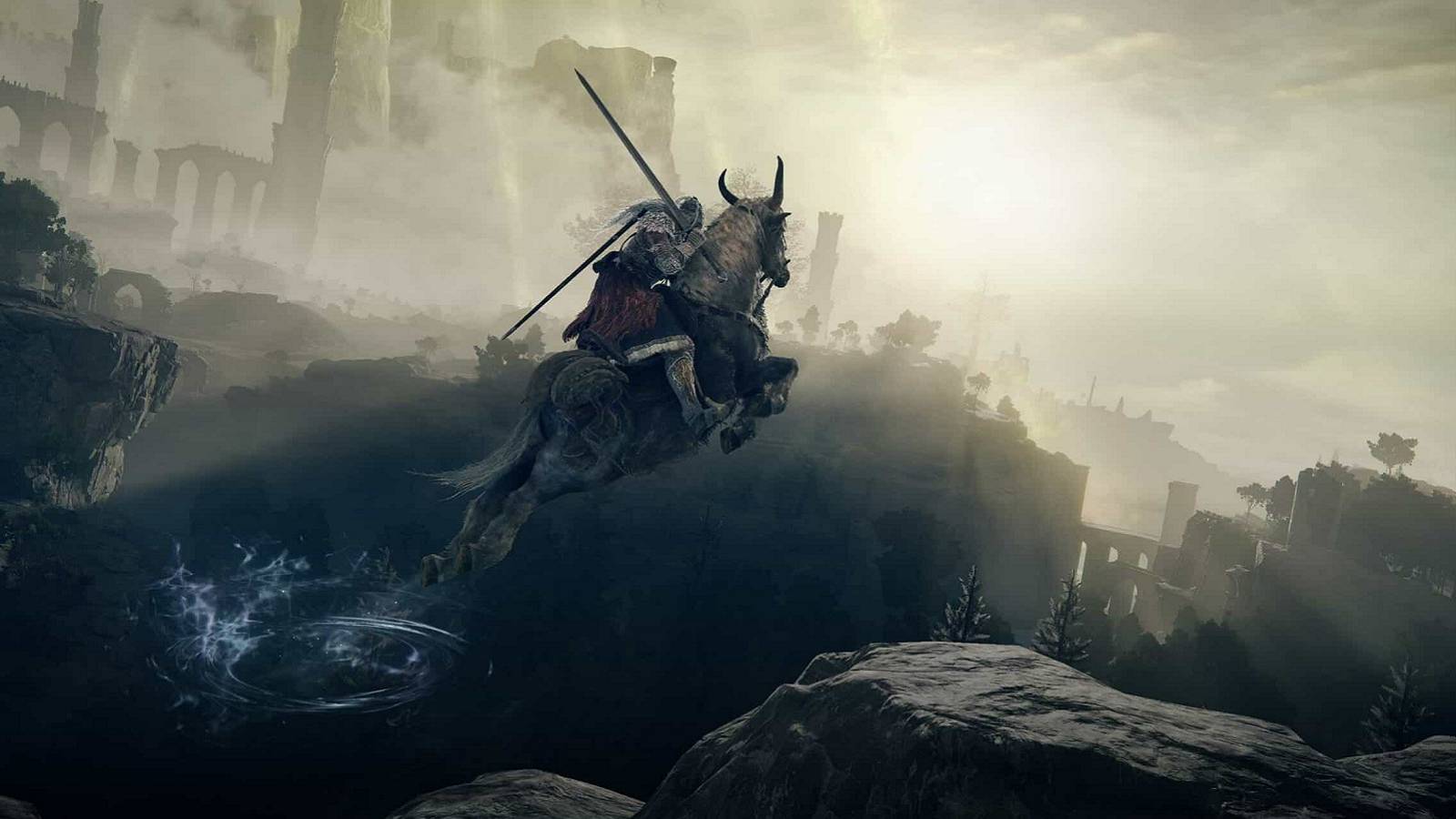 Image from Elden Ring showing the Tarnished on a horse leaping over some rocks.