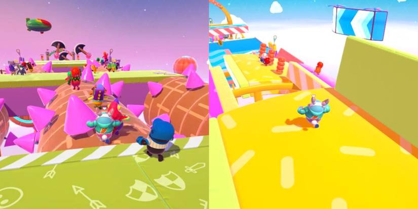 A Group Of Beans Running Across a Spiked Rotating Obstacle and A Single Bean Approaching A Rotating Obstacle In Fall Guys Ultimate Knockout.