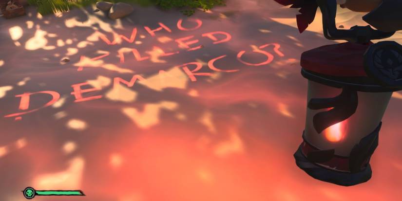 The Fallen Sea Dog lantern shining a light over a clue at Sea Dogs Rest island in Sea Of Thieves