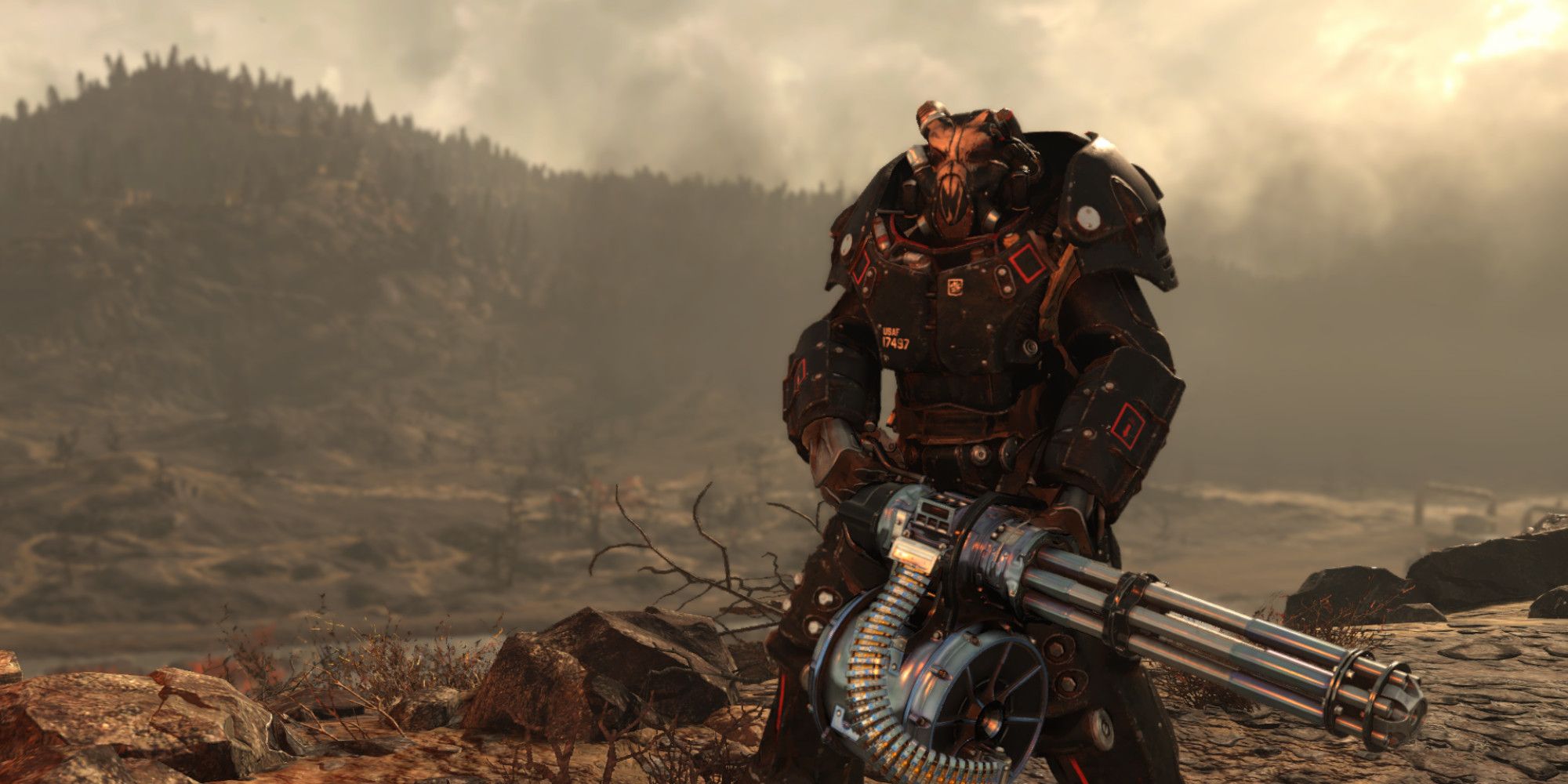 A heavily armored character explores Appalachia