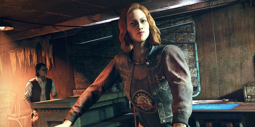 A Fallout 76 character tends bar