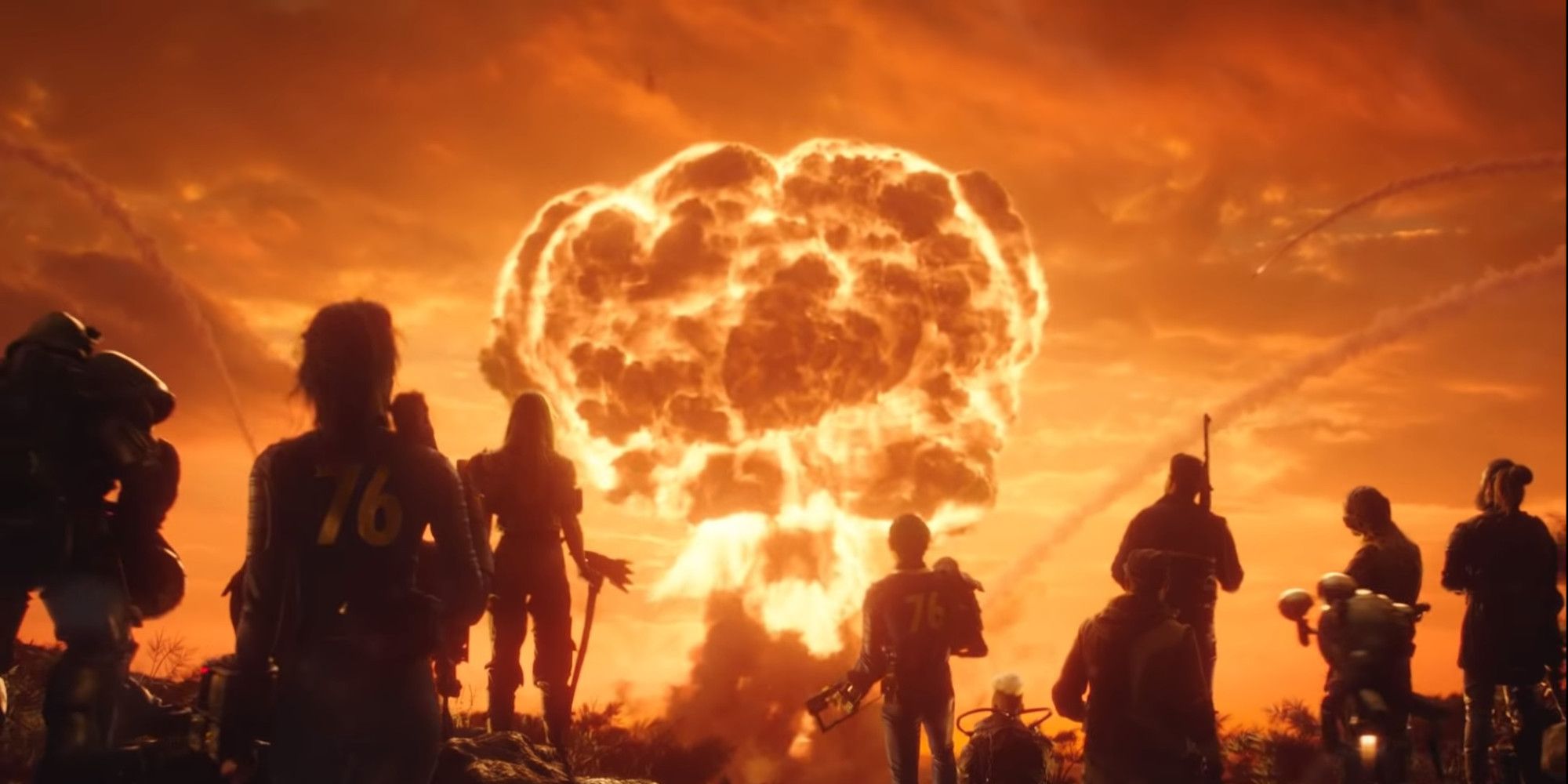 A group of character watch a nuke erupt in the distance