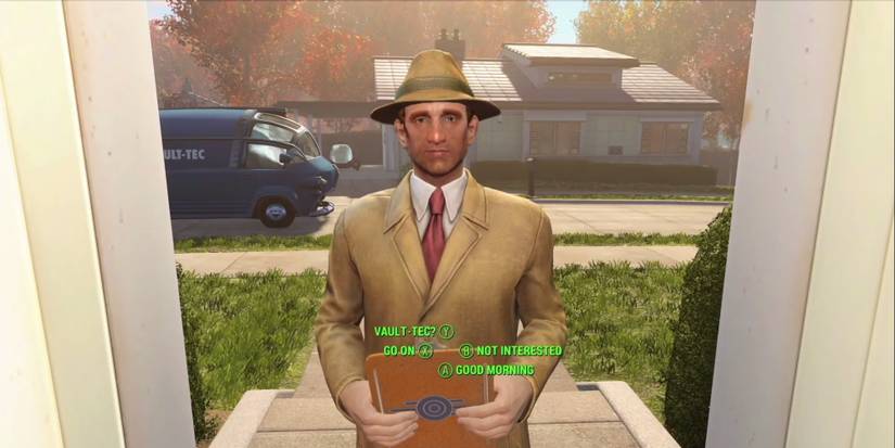 A man in a hat talks to the player in a doorway