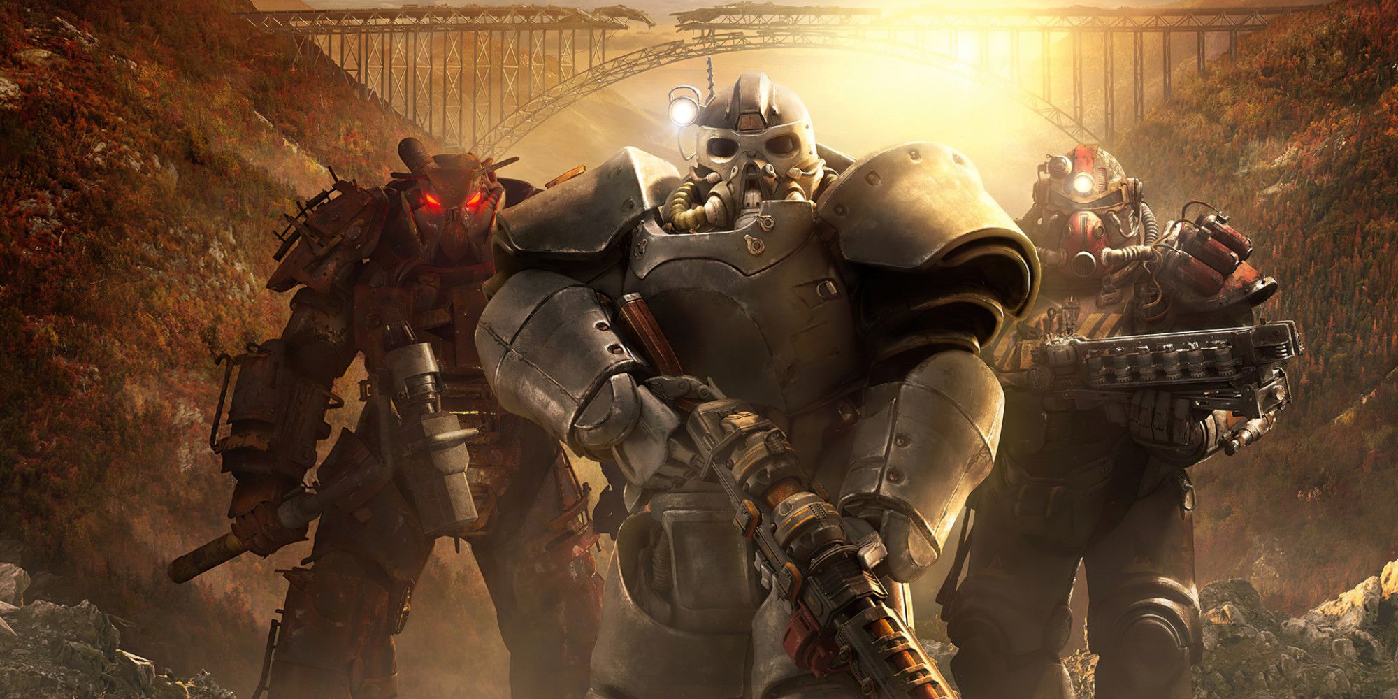 Three players in heavy Fallout armor standing in front of a sunset