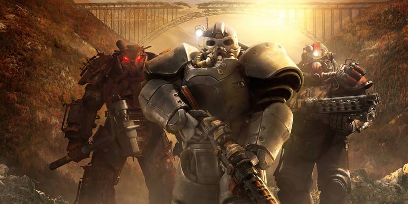Three players in heavy Fallout armor standing in front of a sunset